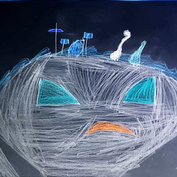 Image: Cover image for "HudL- Datenbank" showing a children's painting of a ghost with band instruments on their head