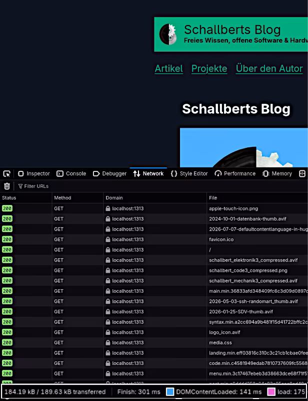 Image: A snapshot of my browser window with the blog's landing page opened. Developer options are activated, and the lower part of the image shows a table with the individual page content files, their size, and contribution to the load time. For hugo, it transfers a total of 189kB in 175ms.