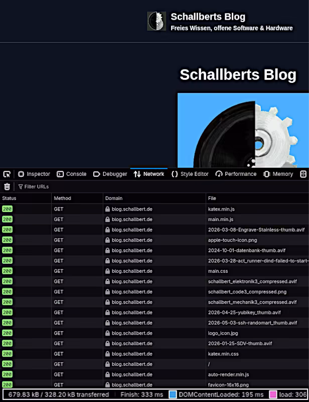 Image: A snapshot of my browser window with the blog's landing page opened. Developer options are activated, and the lower part of the image shows a table with the individual page content files, their size, and contribution to the load time. For jekyll, it transfers a total of 328kB in 306ms.