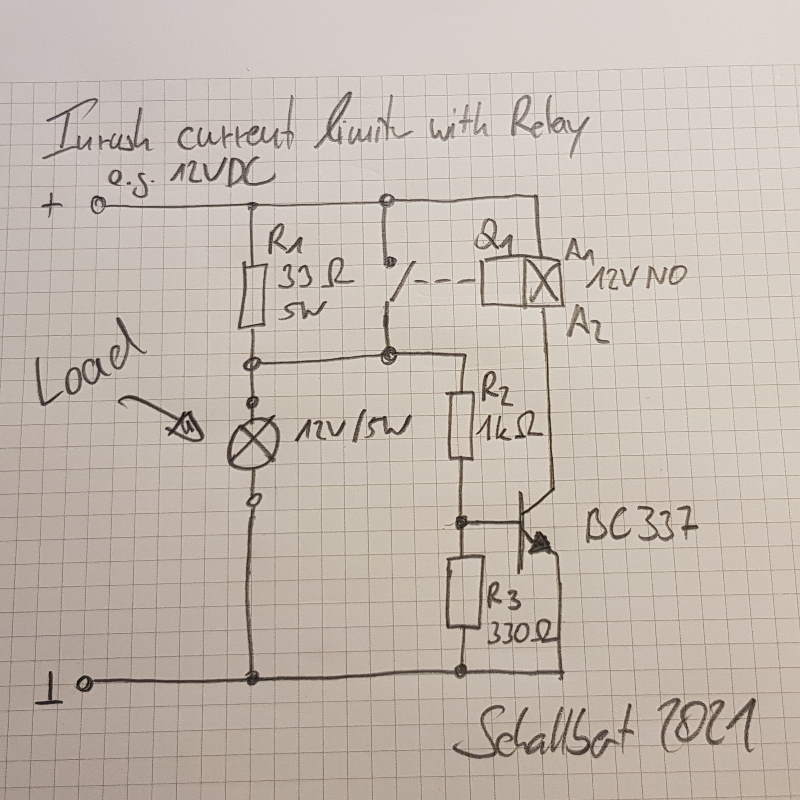 Image: Circuit plan for a start-up relay inrush current limiter