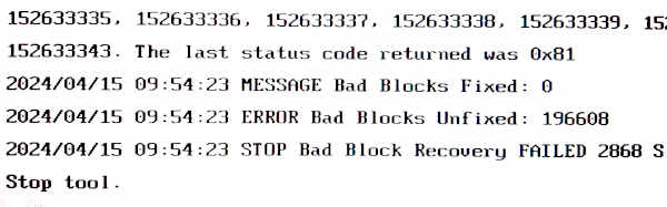 Image: Bad Block Recovery tool's output messages