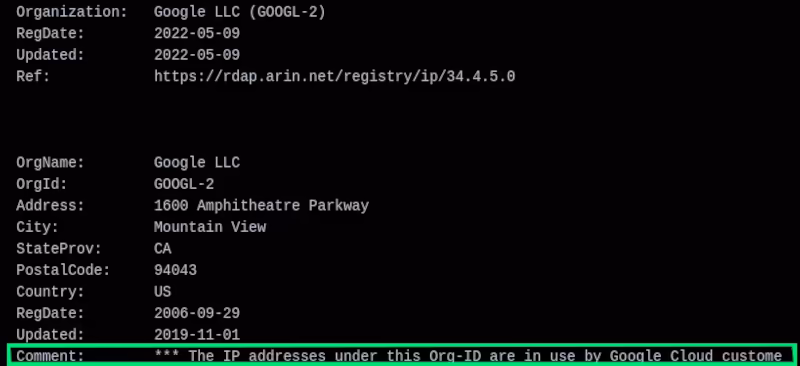 Image: Whois request for the IP that had my server crashed, owner: Google LLC (GCP)