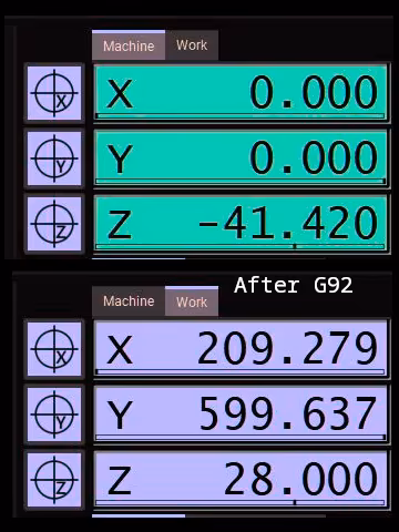 Image: CNC's coodinate window showing machine and workpiece coordinates after shift to reflect a change of tools. The shift only affects workiece coordinates.