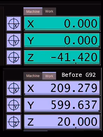 Image: CNC's coodinate window showing machine and workpiece coordinates before shift to reflect a change of tools
