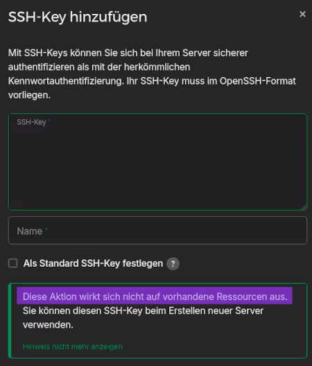 Image: Hetzner telling me that new SSH keys will not propagate to existing resources (VPS). Important to know!