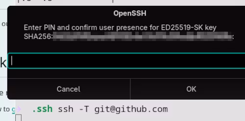Image: Testing the ssh connection to Github with ssh -T and getting prompted for HSK device pin
