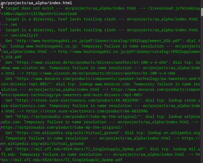 Image: Output of a htmltest report in the console. It is completely filled with text. There are different error messages like 'name resolution error', 'missing trailing slash' and so on. It is nowhere easy to read but mentions the source path of the issue.