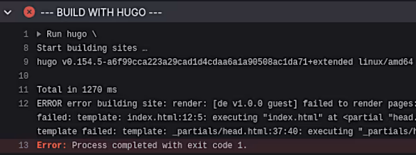 Image: Gitea's workflow run log in detail view. The build fails with an error about a field that cannot be evaluated.