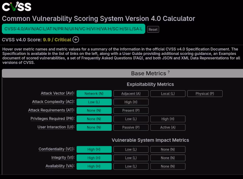 Image: Common vulnerability scoring system calculator. The selectors are switched in a way that reproduces a critical vulnerability over a network vector without user interaction as discussed in this post.