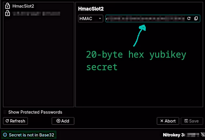 Image: The Nitrokey app, being confronted with a Yubikey HMAC secret, returns the error message 'Secret is not in base32.' and cannot save the key
