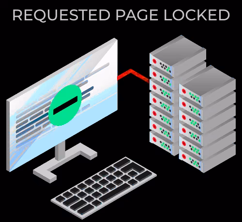 Image: A flatscreen showing a 'no entry' symbol, connected to multiple small boxes that look like mini servers. Image caption says 'Requested page locked'.